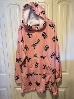 Juicy Couture Sleepwear Pink Velour Fleece Pullover Robe  Pajama Top Hood L/XL